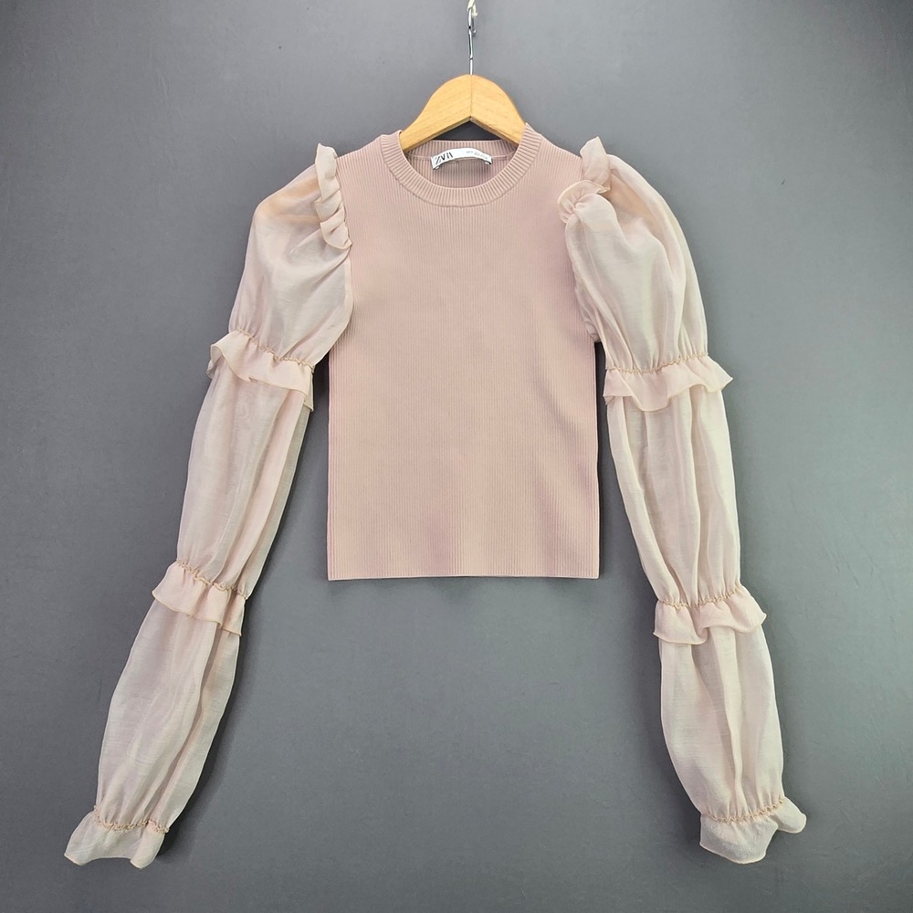 Zara Knit Top Sheer Ruffle Puff Sleeve Sz S Pink Ribbed Crew Neck Blouse 3801